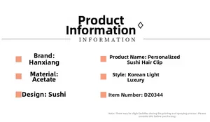 Specifiche dettagliate della molletta per capelli a forma di sushi in acetato di lusso
