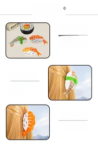 Dettaglio di fermagli per capelli in acido acetico con forme creative di sushi come salmone e gambero