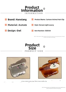 Size chart showing dimensions and weight for acetate bear and elephant hair claw clips