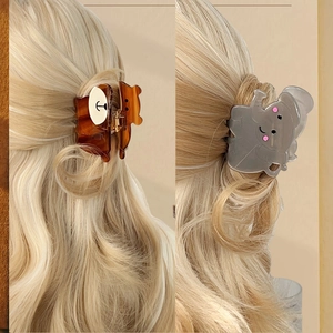 Cute cartoon bear and elephant acetate hair claws on wavy hair for versatile daily styling