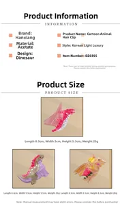 Detailed size chart for acetate dinosaur hair claws in pink, purple and tan marble finish