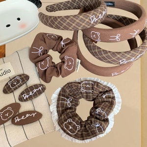 Sweet Korean Style Brown Checkered Bear Embroidery Hair Accessories Set Handmade Cloth Headband Scrunchie BB Hair Clip