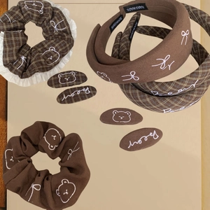 Korean style brown checkered scrunchies and bear embroidered headband hair accessories set