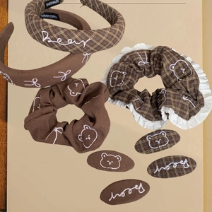 Korean style brown checkered headband and scrunchie set with cute bear embroidery
