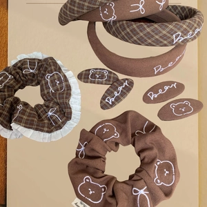 Brown plaid hair accessory set with bear embroidery, lace scrunchies and headbands