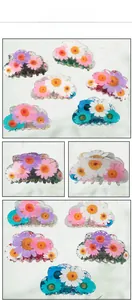 Detail view of semi-transparent PVC floral hair claws with colorful daisy prints