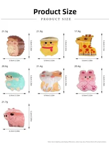 Size chart showing acrylic animal hair clips with dimensions for hedgehog, cat, and pig