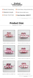 Size chart showing six acrylic cowboy hat hair claws with red heart and lip prints