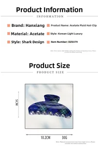 Detailed view of large blue plaid acetate hair claw clip with specific dimensions 10.2x5cm