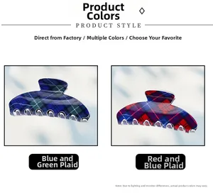 Close-up of classic red, blue and green plaid checkered hair claw clips with glossy finish