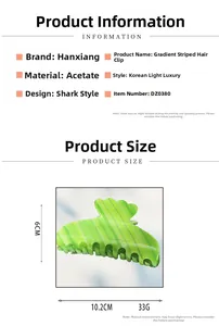 Detail showing acetate hair claw clip dimensions 10.2cm by 6cm with green gradient stripes