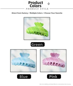 Detail of striped acetate hair claws in translucent green, blue and pink colors