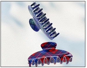 Detailed view of red and blue checkered hair claws with glossy resin finish for women