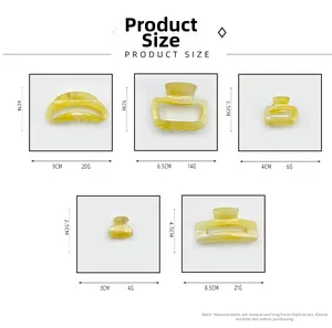 Size chart for acrylic hair claws showing dimensions and weights for five geometric styles