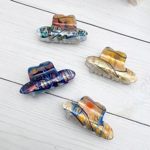 Creative western cowboy hat acrylic hair claw clips with sunset and cactus printed patterns