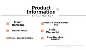 Information card showing specifications of blue geometric hollow acrylic hair claw clip