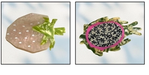 Detail of strawberry and dragon fruit acetate hair claws with marble texture