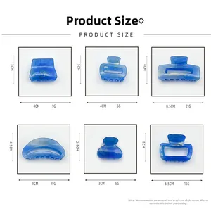Size chart for 6 marble blue acrylic hair claw clips with weight and dimension details
