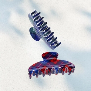 Classic red and blue plaid hair claw clips set for women in elegant tartan design