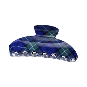 Classic blue and green plaid hair claw clip with glossy finish for elegant updos