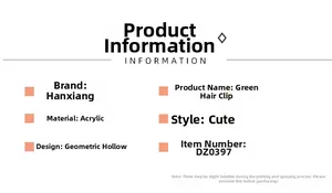 Specifications of green acrylic geometric claw clip for Korean style updo hairstyles