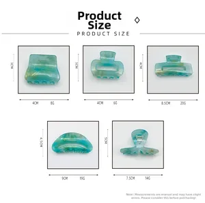 Detailed size chart for green acrylic hair claw clips with precise measurements and weights