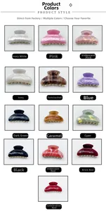 Array of 13 large colorful acrylic hair claws in marbled and solid colors for women