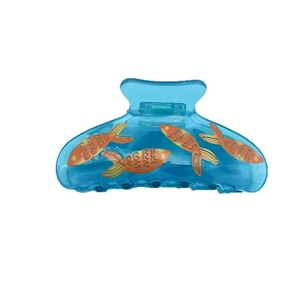 Pince à cheveux en acrylique bleu transparent avec motif de poissons orange et ressort