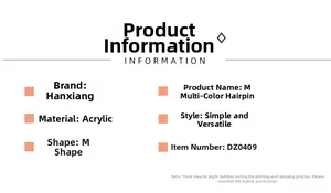 Detailed specifications of the acrylic M-shaped hair claw clip with colorful design