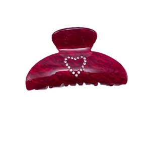 Elegant deep red marble acrylic hair claw clip with rhinestone heart and French style design
