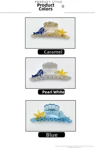 Detailed close-up of acetate ocean theme hair claws in starfish shell and dolphin shapes