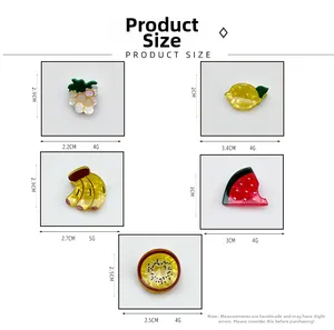 Size chart showing acrylic fruit hair clips dimensions for grape lemon banana and watermelon