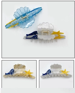 Detail of ocean series shell and starfish hair claws featuring textured acetate and metal spring