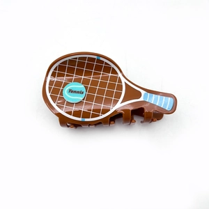 Pince à cheveux créative raquette de tennis en acrylique marron avec balle de tennis bleue