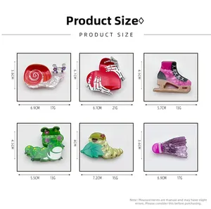 Size chart showing dimensions for snail, caterpillar, and badminton hair claw clips