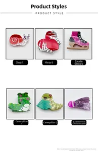 Detail view of colorful acrylic hair clips featuring cute snail and heart bone designs