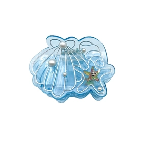 Pince à cheveux coquillage bleu thème océan avec perles blanches et motif étoile de mer
