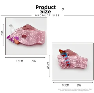 Detailed size specifications for unique acrylic hand-shaped claw clips with marble pattern