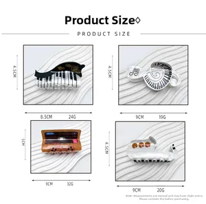 Size chart showing dimensions for piano and music note acrylic hair claws from 8.5 to 9 cm