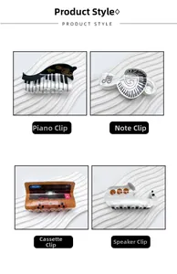 Collage of music themed hair claws featuring piano, notes, and tape designs