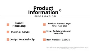 Detailed size parameters and technical specifications for the acrylic petal claw hair clip