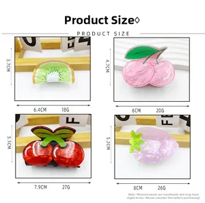 Size chart showing dimensions for cherry strawberry and kiwi fruit hair claw clips