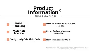 Detailed specifications of acetate hair clips featuring ocean themed jellyfish and fish shapes