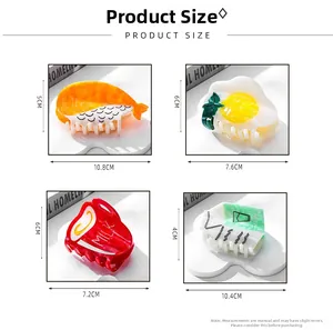 Size chart for food-themed acetate hair claws including sushi and milk box designs