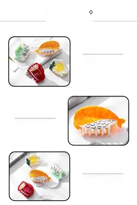 Detailed close-up of novel food-shaped acetic acid hair clips including sushi and milk box