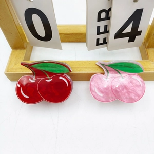 Cute cherry hair clips set in marble red and pearl pink acrylic with green leaf design