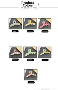 Detail view of 7 colorful fruit-themed hair claw clips with translucent 3D fruit slices