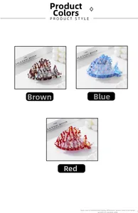 Detail of fish shaped acetate hair claws in coffee, blue, and red colors with marble patterns