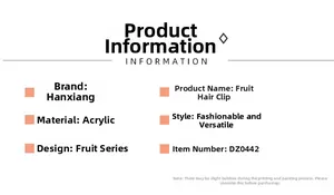 Spécifications détaillées de la pince à cheveux en acrylique avec motifs de fruits variés