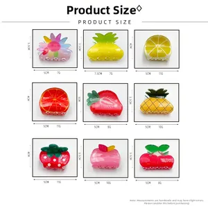 Tableau des tailles montrant les dimensions et le poids des pinces à cheveux fruits